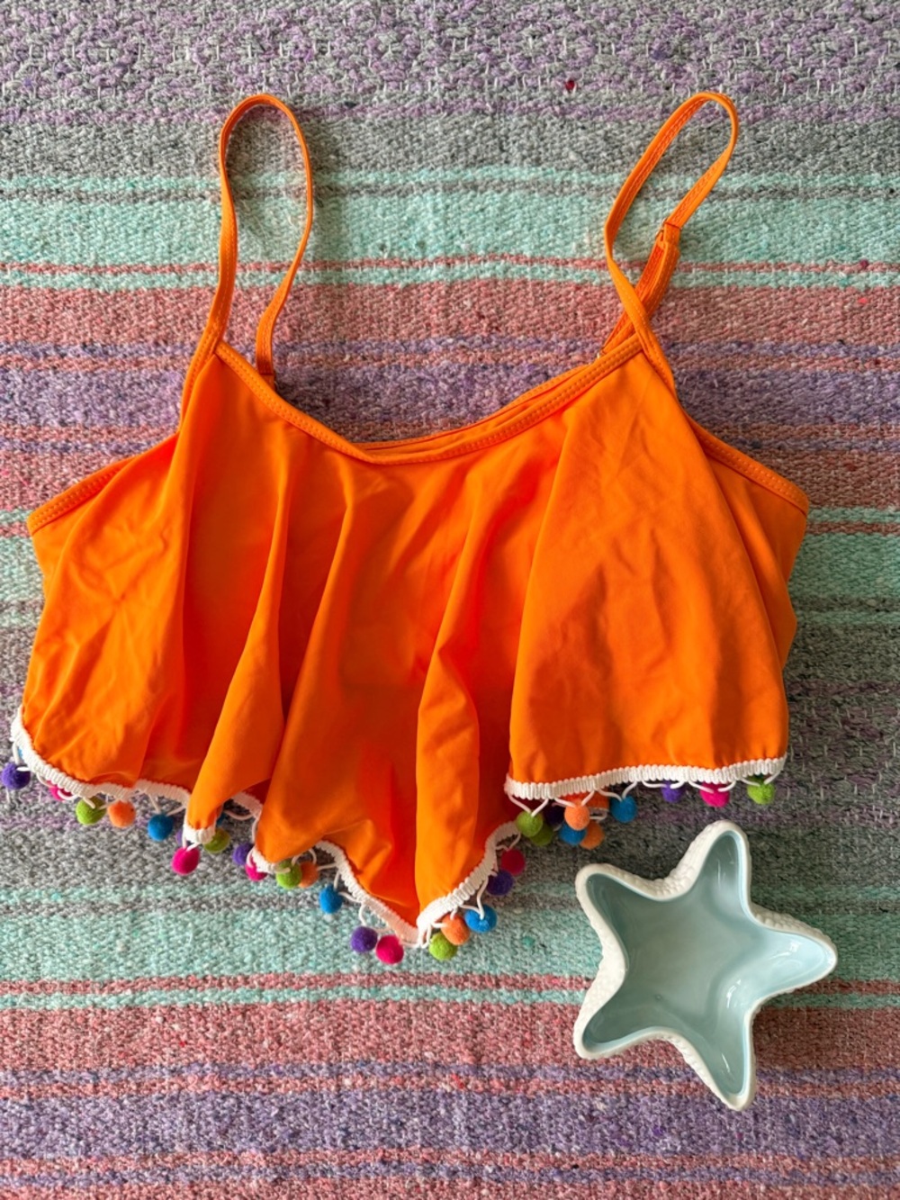 Neon Orange Pom Pom Bikini Top XXL Flowy Ruffle Swim